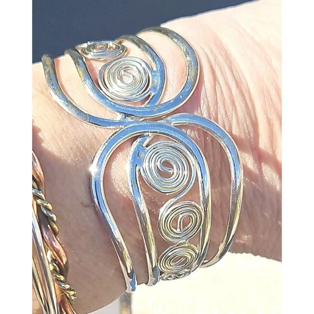 Silver Tone Swirl Design Hinged Cuff Bracelet Metal Boho
